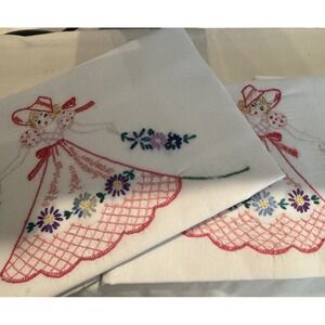 Restored Lady Pink Embroidered Pillowcases Hand Sewn Vintage Set Of  2 L54